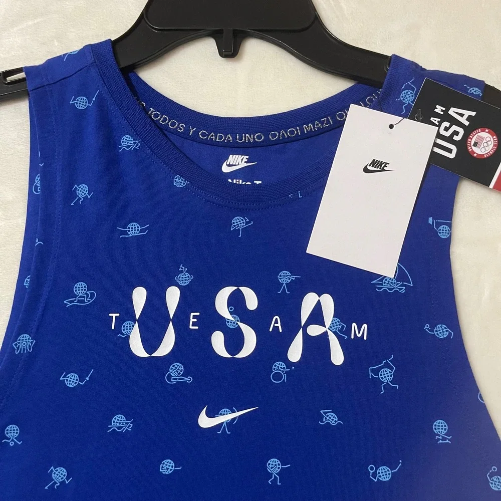 Nike Team USA Olympic Muscle Tank Top Women Medium Blue White All Over Print New